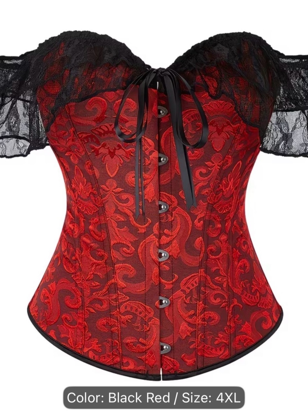 Red Brocade Lace-Up Corset with Black Lace Trim New